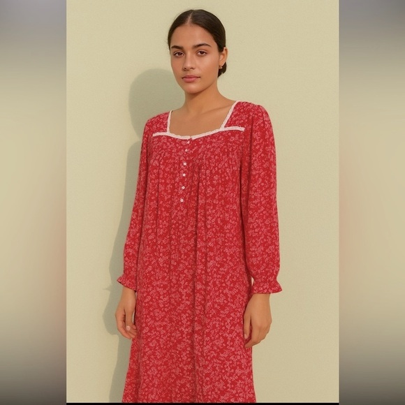 Eileen West Modal Long Sleeve RUFFLED Trim Nightgown Small S Red Floral Pajamas - Picture 2 of 10